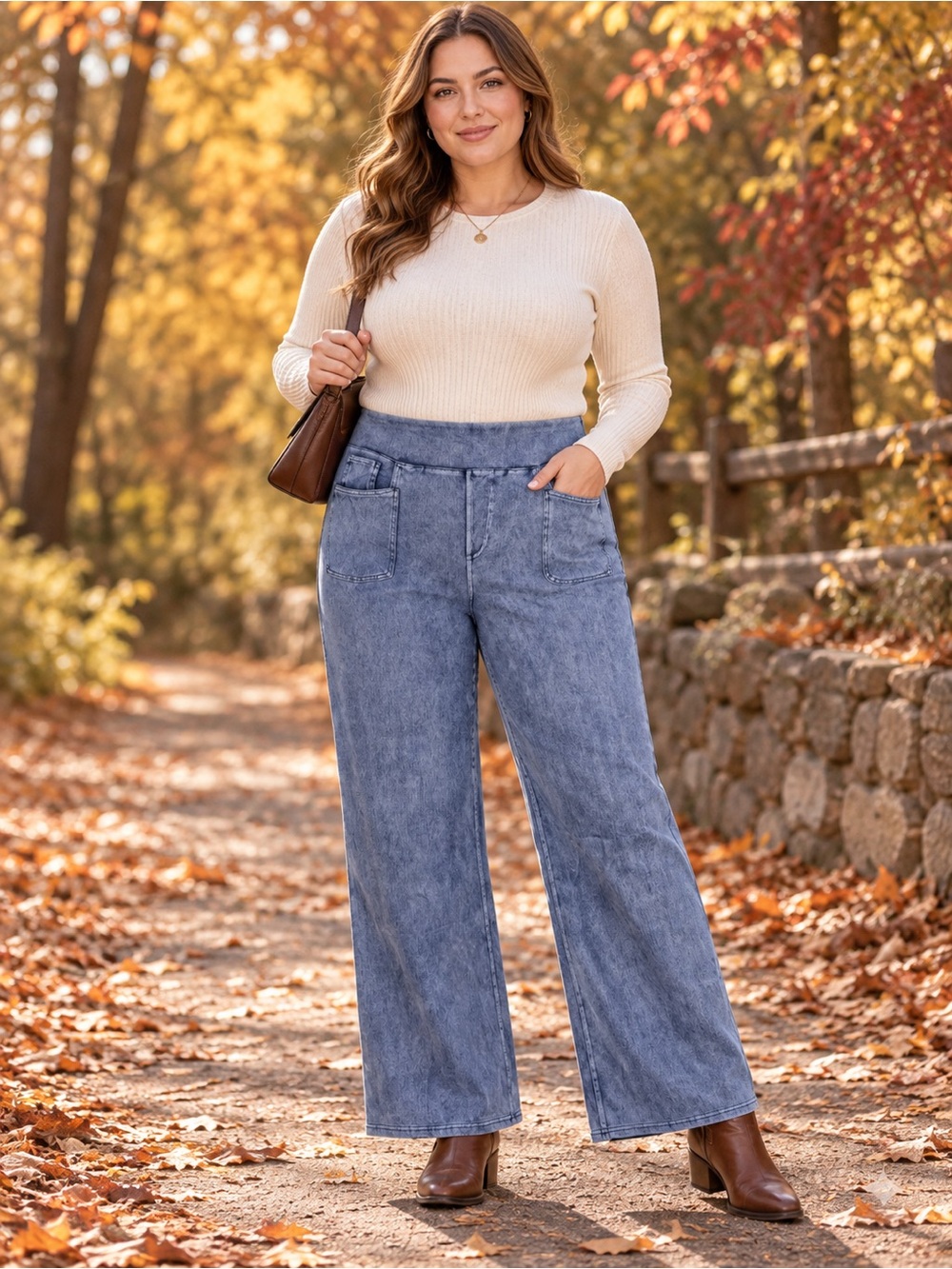HALARA Cream Sweater with Washed Blue Wide-Leg Jeans